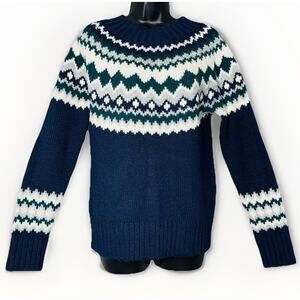 Banana Republic MED Navy Blue Wool Blend Fair Isle Pullover Sweater Preppy Ski‎